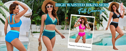Women's High Waisted Bikini Sets Tummy Control Swimsuits Two Piece Color Block Modest Bathing Suit - Seldom Seen Styles