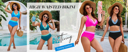 Women's High Waisted Bikini Sets Tummy Control Swimsuits Two Piece Color Block Modest Bathing Suit - Seldom Seen Styles