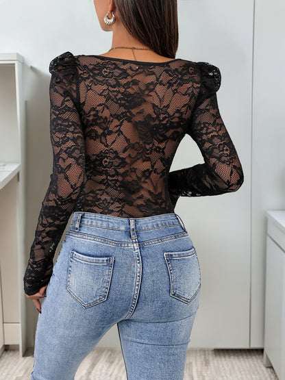 Women's Lace Long Sleeve Corset Bodysuit Tops Sheer Mesh V neck Jumpsuit - Seldom Seen Styles