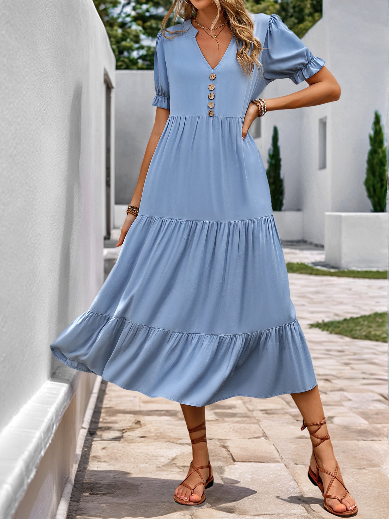 Women's Light Blue V Neck Button Down Ruffled Short Sleeve Dress Vintage Summer Dress 2025 - Seldom Seen Styles