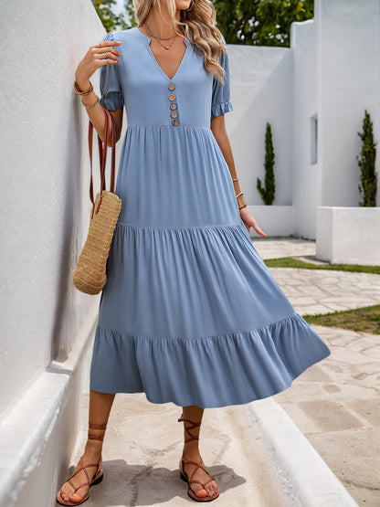 Women's Light Blue V Neck Button Down Ruffled Short Sleeve Dress Vintage Summer Dress 2025 - Seldom Seen Styles