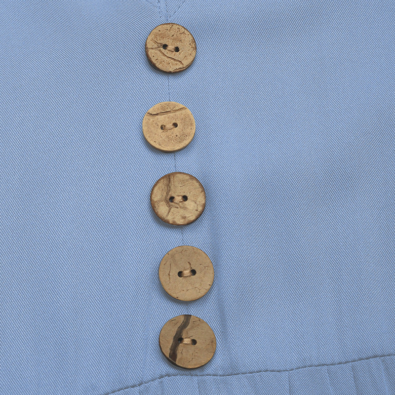 Women's Light Blue V Neck Button Down Ruffled Short Sleeve Dress Vintage Summer Dress 2025 - Seldom Seen Styles