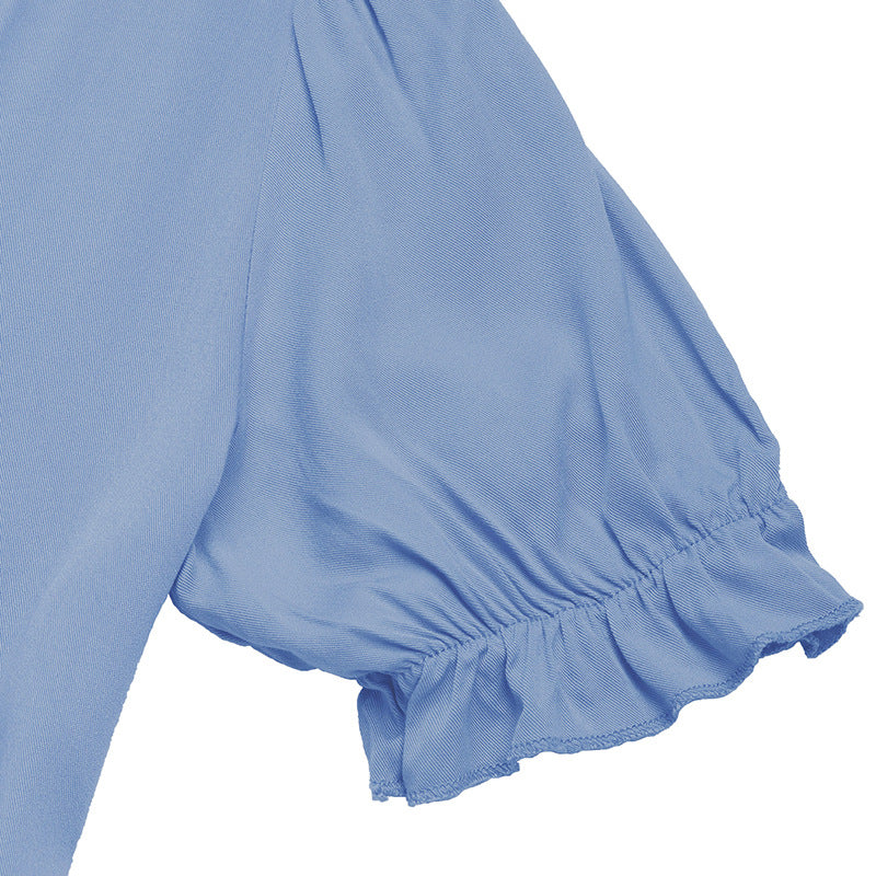 Women's Light Blue V Neck Button Down Ruffled Short Sleeve Dress Vintage Summer Dress 2025 - Seldom Seen Styles