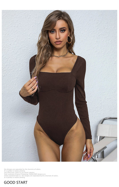 Women's Long Sleeve Bodysuit Shapewear Top Square Neck Bodysuit Halloween One Piece Basic Backless - Seldom Seen Styles