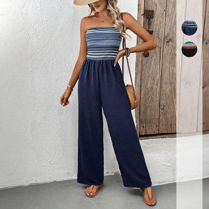 Women's Navy Blue Strapless Wide Leg Loose Fit Jumpsuit Casual Smocked Tube Top Sleeveless Summer Beach One Piece Romper - Seldom Seen Styles