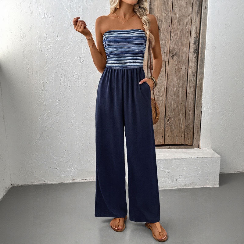 Women's Navy Blue Strapless Wide Leg Loose Fit Jumpsuit Casual Smocked Tube Top Sleeveless Summer Beach One Piece Romper - Seldom Seen Styles