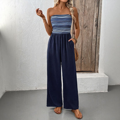 Women's Navy Blue Strapless Wide Leg Loose Fit Jumpsuit Casual Smocked Tube Top Sleeveless Summer Beach One Piece Romper - Seldom Seen Styles