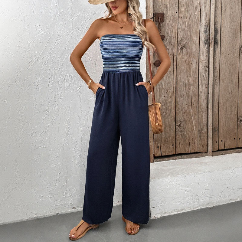 Women's Navy Blue Strapless Wide Leg Loose Fit Jumpsuit Casual Smocked Tube Top Sleeveless Summer Beach One Piece Romper - Seldom Seen Styles