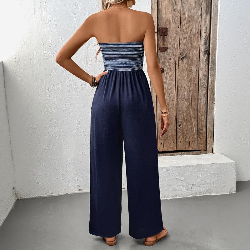 Women's Navy Blue Strapless Wide Leg Loose Fit Jumpsuit Casual Smocked Tube Top Sleeveless Summer Beach One Piece Romper - Seldom Seen Styles