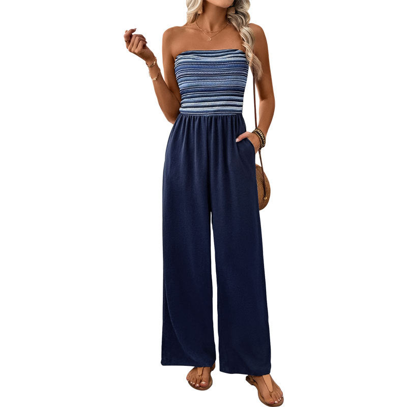 Women's Navy Blue Strapless Wide Leg Loose Fit Jumpsuit Casual Smocked Tube Top Sleeveless Summer Beach One Piece Romper - Seldom Seen Styles