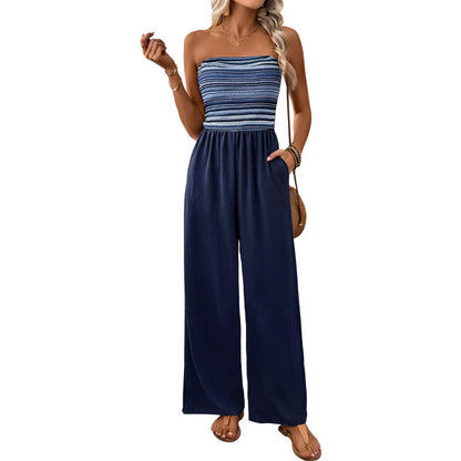 Women's Navy Blue Strapless Wide Leg Loose Fit Jumpsuit Casual Smocked Tube Top Sleeveless Summer Beach One Piece Romper - Seldom Seen Styles