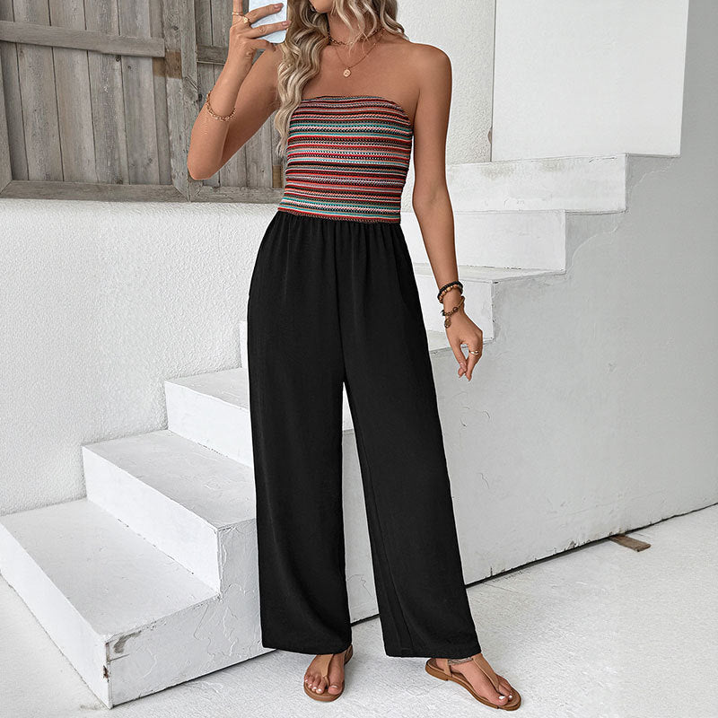 Women's Navy Blue Strapless Wide Leg Loose Fit Jumpsuit Casual Smocked Tube Top Sleeveless Summer Beach One Piece Romper - Seldom Seen Styles