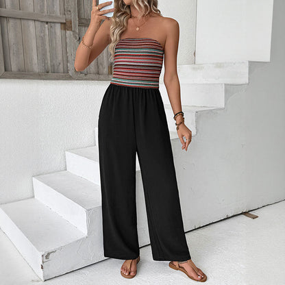 Women's Navy Blue Strapless Wide Leg Loose Fit Jumpsuit Casual Smocked Tube Top Sleeveless Summer Beach One Piece Romper - Seldom Seen Styles