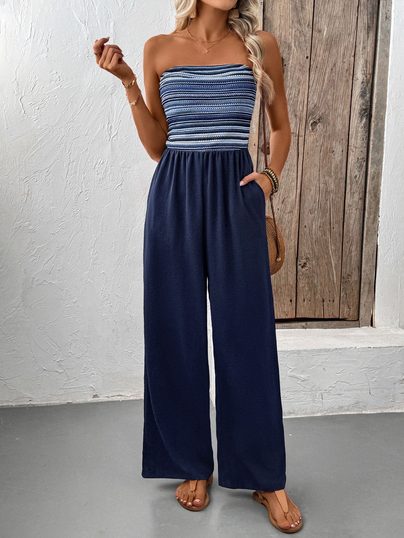Women's Navy Blue Strapless Wide Leg Loose Fit Jumpsuit Casual Smocked Tube Top Sleeveless Summer Beach One Piece Romper - Seldom Seen Styles