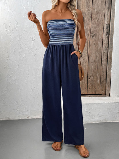 Women's Navy Blue Strapless Wide Leg Loose Fit Jumpsuit Casual Smocked Tube Top Sleeveless Summer Beach One Piece Romper - Seldom Seen Styles