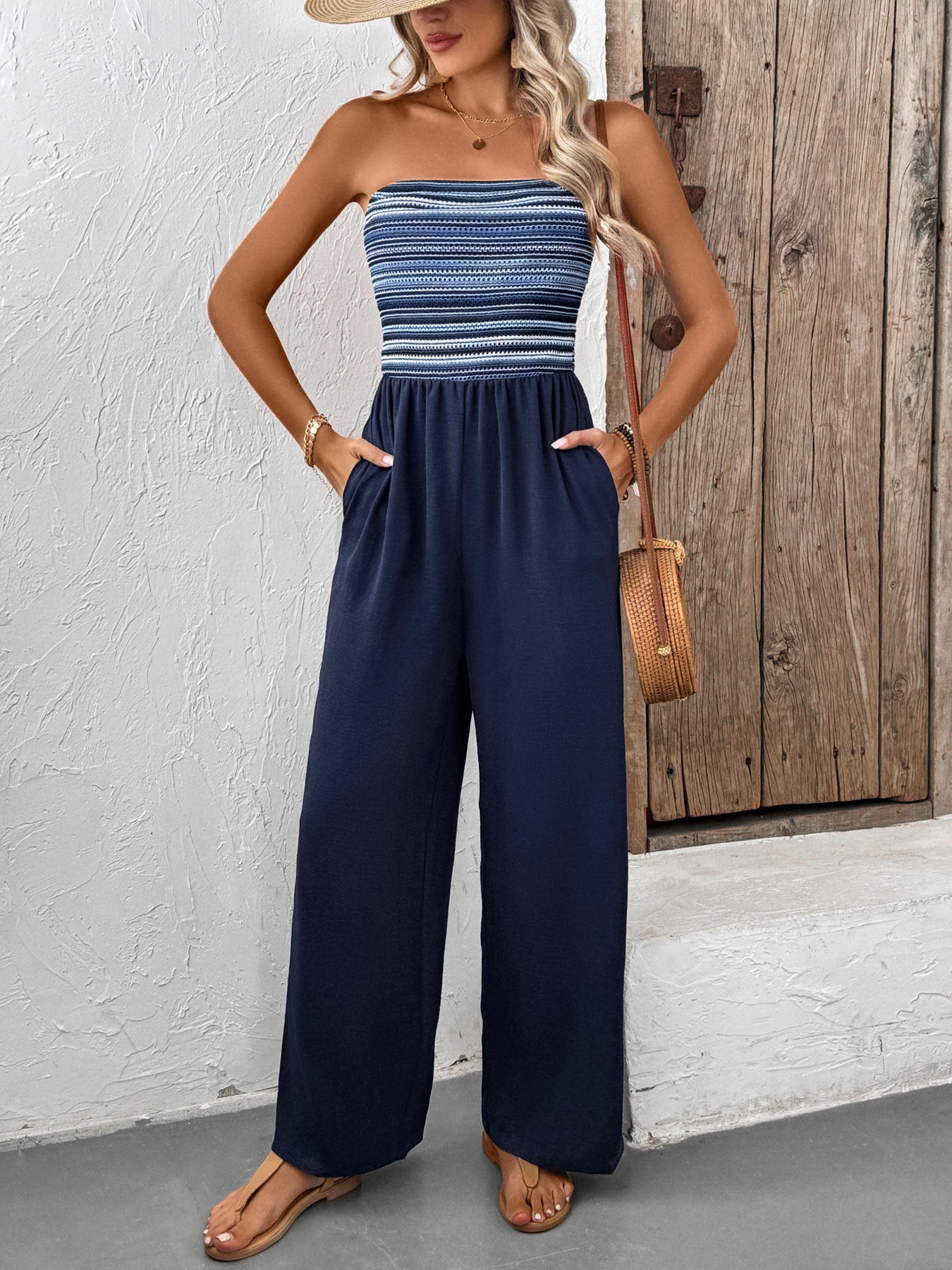 Women's Navy Blue Strapless Wide Leg Loose Fit Jumpsuit Casual Smocked Tube Top Sleeveless Summer Beach One Piece Romper - Seldom Seen Styles