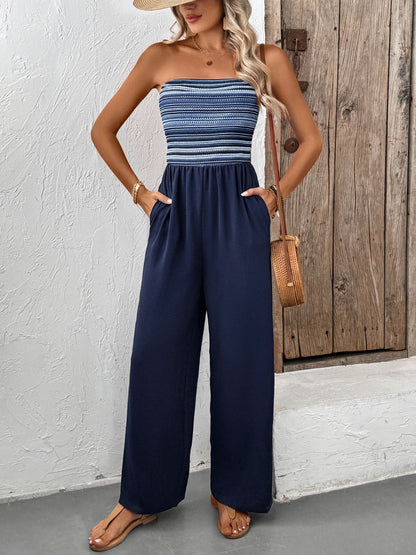 Women's Navy Blue Strapless Wide Leg Loose Fit Jumpsuit Casual Smocked Tube Top Sleeveless Summer Beach One Piece Romper - Seldom Seen Styles