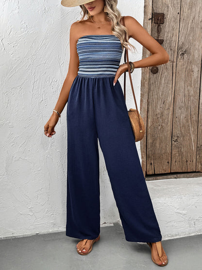 Women's Navy Blue Strapless Wide Leg Loose Fit Jumpsuit Casual Smocked Tube Top Sleeveless Summer Beach One Piece Romper - Seldom Seen Styles