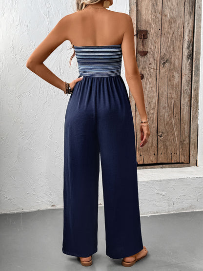 Women's Navy Blue Strapless Wide Leg Loose Fit Jumpsuit Casual Smocked Tube Top Sleeveless Summer Beach One Piece Romper - Seldom Seen Styles