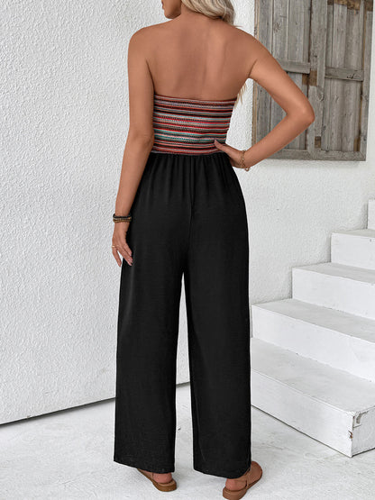 Women's Navy Blue Strapless Wide Leg Loose Fit Jumpsuit Casual Smocked Tube Top Sleeveless Summer Beach One Piece Romper - Seldom Seen Styles