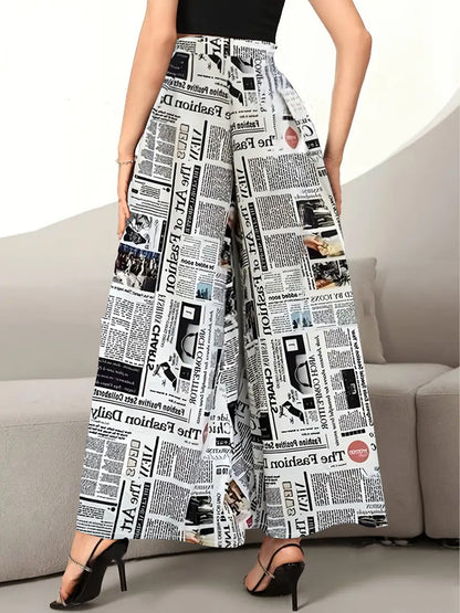 Women's Newspaper Print Wide Leg Pants Elastic Waist Loose Funky Letter Print Palazzo Pants - Seldom Seen Styles