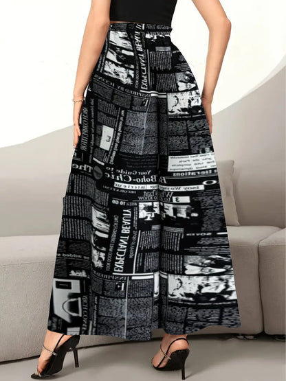 Women's Newspaper Print Wide Leg Pants Elastic Waist Loose Funky Letter Print Palazzo Pants - Seldom Seen Styles