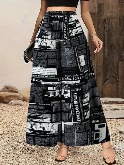 Women's Newspaper Print Wide Leg Pants Elastic Waist Loose Funky Letter Print Palazzo Pants - Seldom Seen Styles