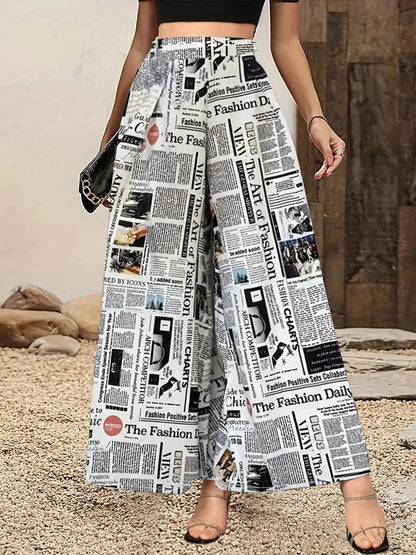 Women's Newspaper Print Wide Leg Pants Elastic Waist Loose Funky Letter Print Palazzo Pants - Seldom Seen Styles