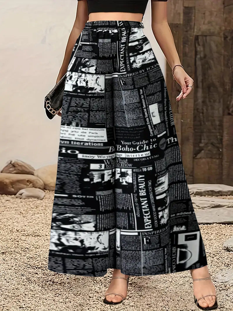 Women's Newspaper Print Wide Leg Pants Elastic Waist Loose Funky Letter Print Palazzo Pants - Seldom Seen Styles