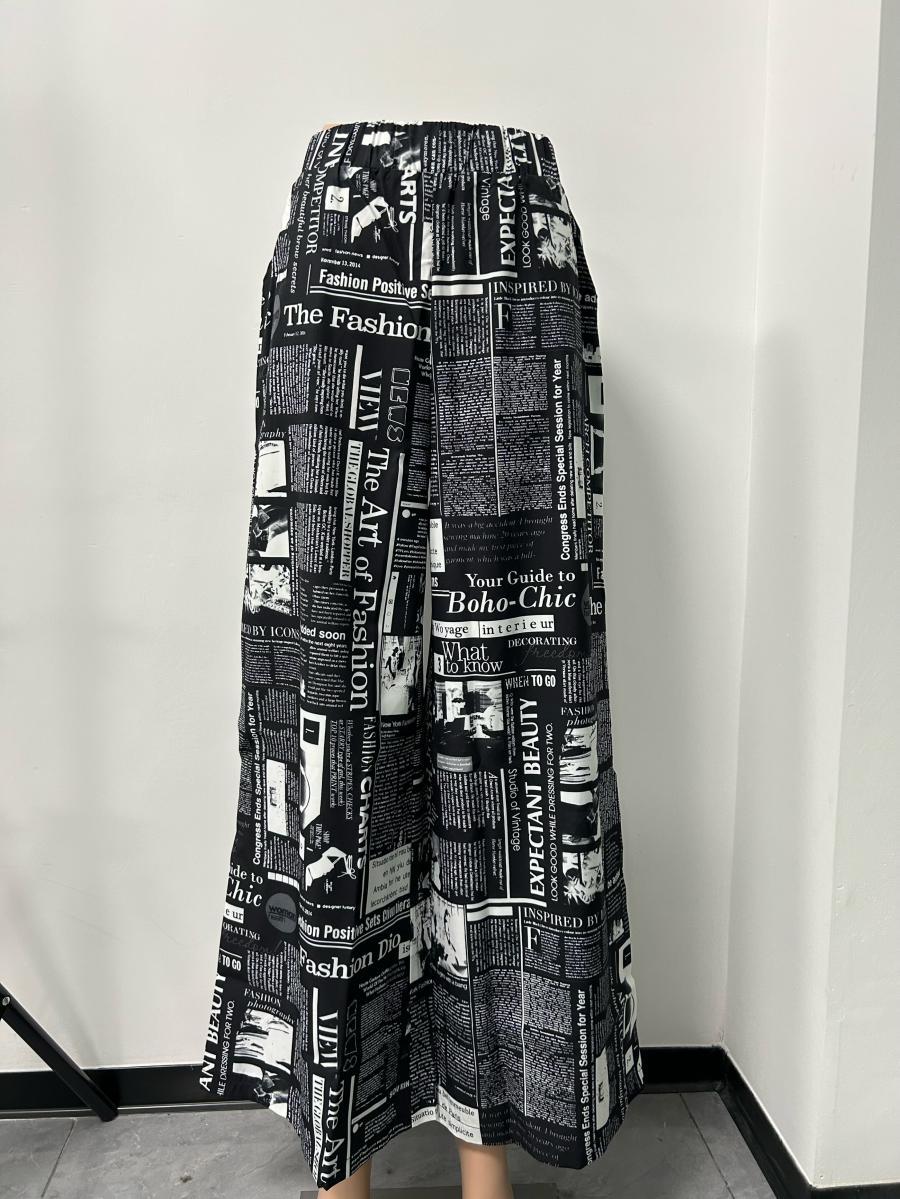 Women's Newspaper Print Wide Leg Pants Elastic Waist Loose Funky Letter Print Palazzo Pants - Seldom Seen Styles