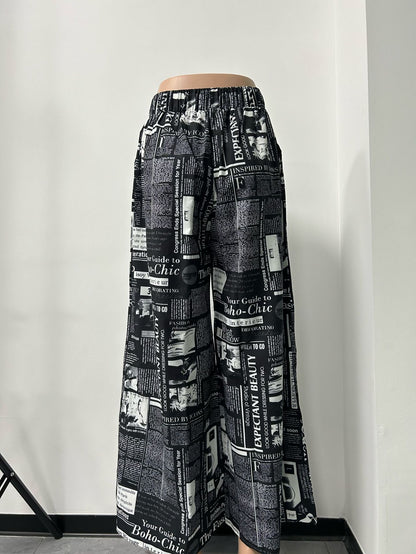 Women's Newspaper Print Wide Leg Pants Elastic Waist Loose Funky Letter Print Palazzo Pants - Seldom Seen Styles