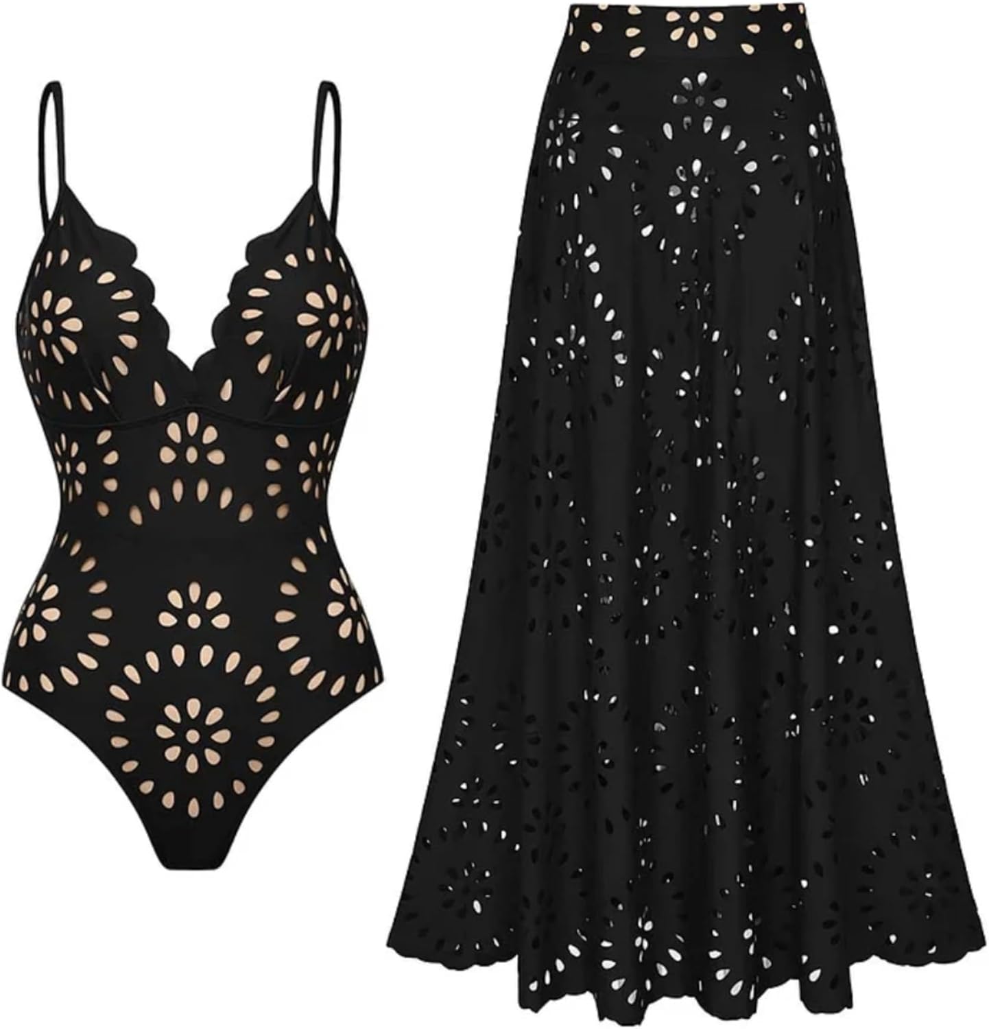 Women's One Piece Bathing Suit Petal Hollow V Neck Swimsuit and Skirt - Seldom Seen Styles