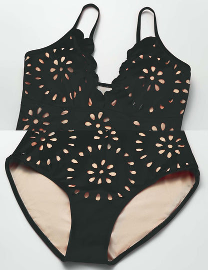 Women's One Piece Bathing Suit Petal Hollow V Neck Swimsuit and Skirt - Seldom Seen Styles