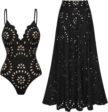 Women's One Piece Bathing Suit Petal Hollow V Neck Swimsuit and Skirt - Seldom Seen Styles