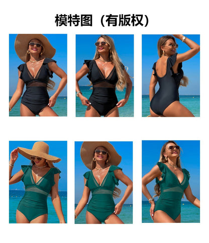 Women's One Piece Swimsuit Bathing Suit Retro Ruffled V Neck Bathing Suits Tummy Control Swimwear - Seldom Seen Styles