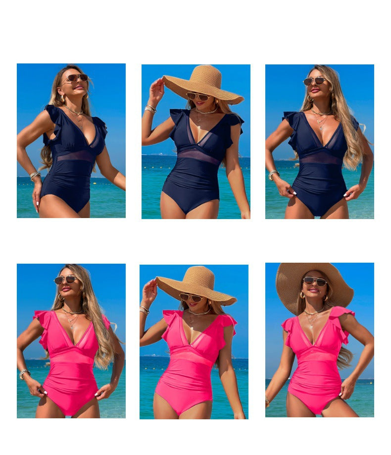 Women's One Piece Swimsuit Bathing Suit Retro Ruffled V Neck Bathing Suits Tummy Control Swimwear - Seldom Seen Styles