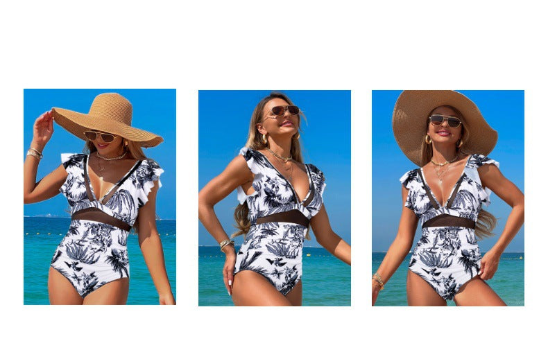 Women's One Piece Swimsuit Bathing Suit Retro Ruffled V Neck Bathing Suits Tummy Control Swimwear - Seldom Seen Styles