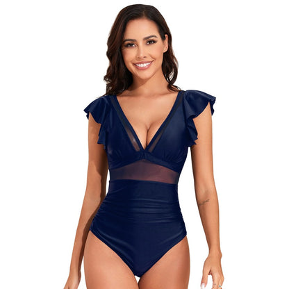 Women's One Piece Swimsuit Bathing Suit Retro Ruffled V Neck Bathing Suits Tummy Control Swimwear - Seldom Seen Styles