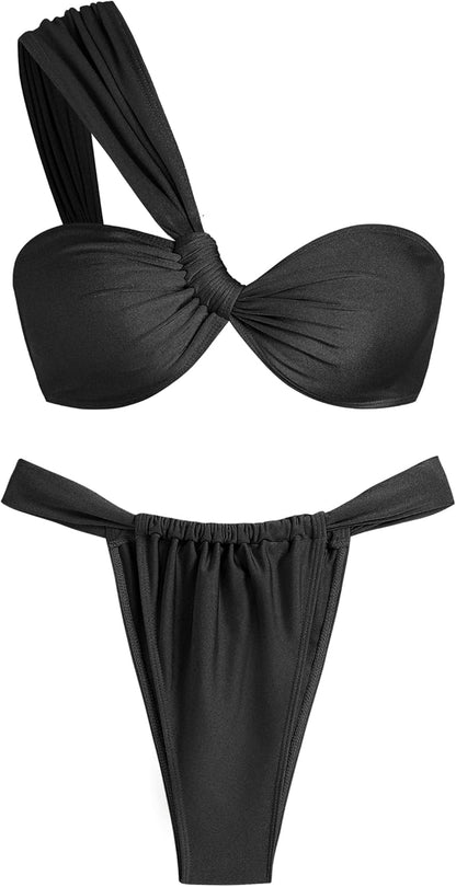 Women's One Shoulder Bikini Twisted Ruched High Cut Bandeau Bikini Set Two Piece Swimsuit - Seldom Seen Styles