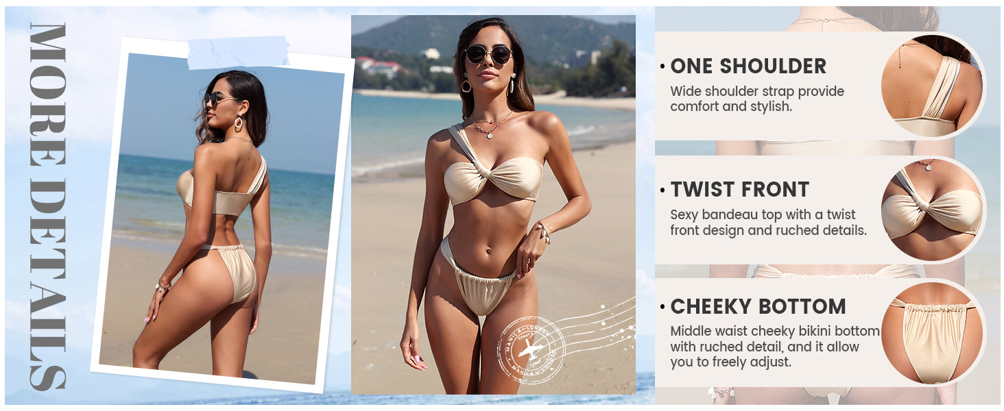 Women's One Shoulder Bikini Twisted Ruched High Cut Bandeau Bikini Set Two Piece Swimsuit - Seldom Seen Styles