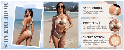 Women's One Shoulder Bikini Twisted Ruched High Cut Bandeau Bikini Set Two Piece Swimsuit - Seldom Seen Styles