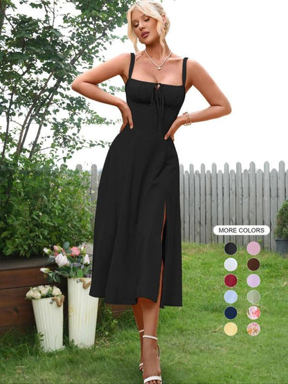 Women's Plain Dress, Lace Up Dress, Party Dress, Tie Front Dress, Elegant Square Neck Midi Dress, Dresses for Women, Frenchy Style Formal Dress - Seldom Seen Styles