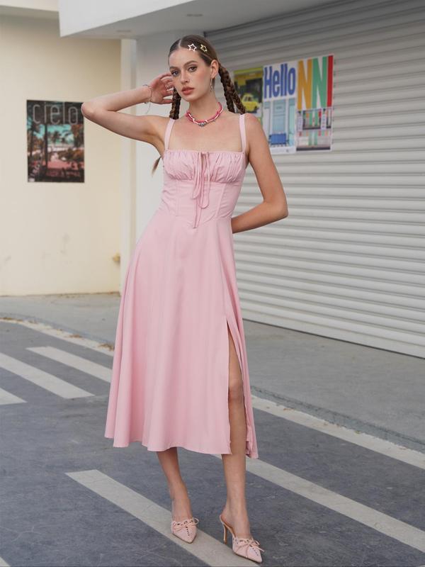 Women's Plain Dress, Lace Up Dress, Party Dress, Tie Front Dress, Elegant Square Neck Midi Dress, Dresses for Women, Frenchy Style Formal Dress - Seldom Seen Styles