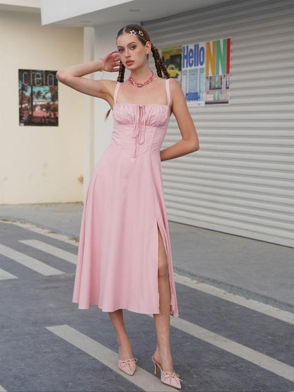 Women's Plain Dress, Lace Up Dress, Party Dress, Tie Front Dress, Elegant Square Neck Midi Dress, Dresses for Women, Frenchy Style Formal Dress - Seldom Seen Styles