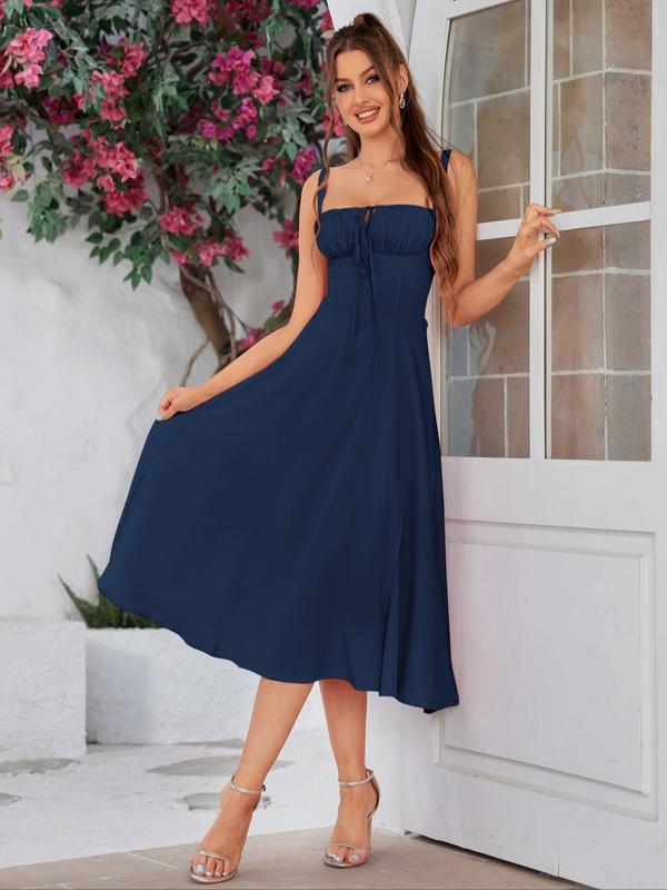 Women's Plain Dress, Lace Up Dress, Party Dress, Tie Front Dress, Elegant Square Neck Midi Dress, Dresses for Women, Frenchy Style Formal Dress - Seldom Seen Styles
