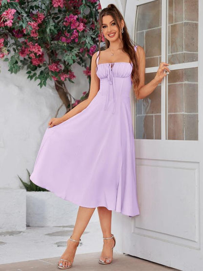 Women's Plain Dress, Lace Up Dress, Party Dress, Tie Front Dress, Elegant Square Neck Midi Dress, Dresses for Women, Frenchy Style Formal Dress - Seldom Seen Styles