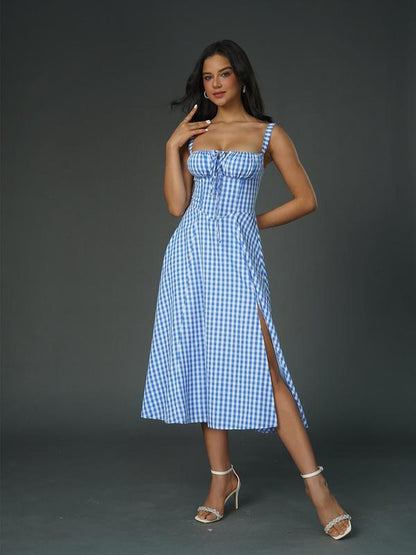 Women's Plain Dress, Lace Up Dress, Party Dress, Tie Front Dress, Elegant Square Neck Midi Dress, Dresses for Women, Frenchy Style Formal Dress - Seldom Seen Styles