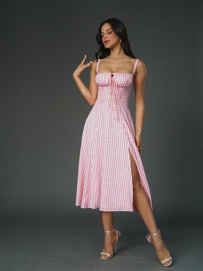 Women's Plain Dress, Lace Up Dress, Party Dress, Tie Front Dress, Elegant Square Neck Midi Dress, Dresses for Women, Frenchy Style Formal Dress - Seldom Seen Styles