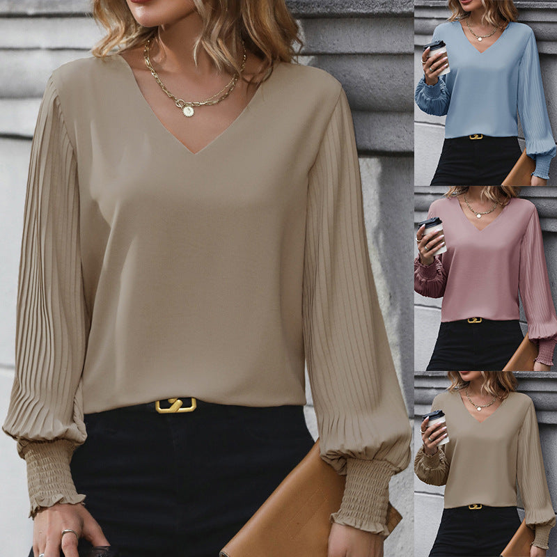 Women's Pleated Long Sleeve Blouse Autumn Tops Solid Colour V-Neck Casual Loose Shirt - Seldom Seen Styles