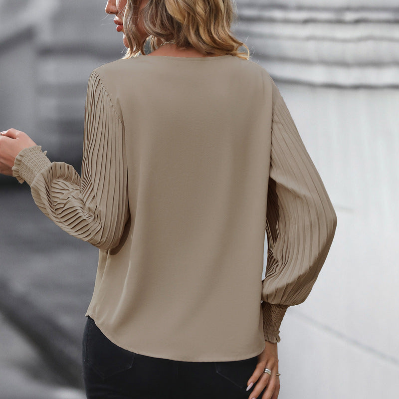 Women's Pleated Long Sleeve Blouse Autumn Tops Solid Colour V-Neck Casual Loose Shirt - Seldom Seen Styles